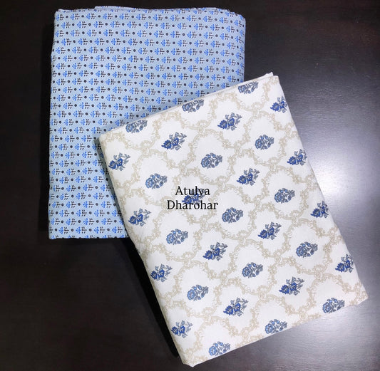 Blue Floral Mughal Jaal Cambric Cotton Single Dohar Pair