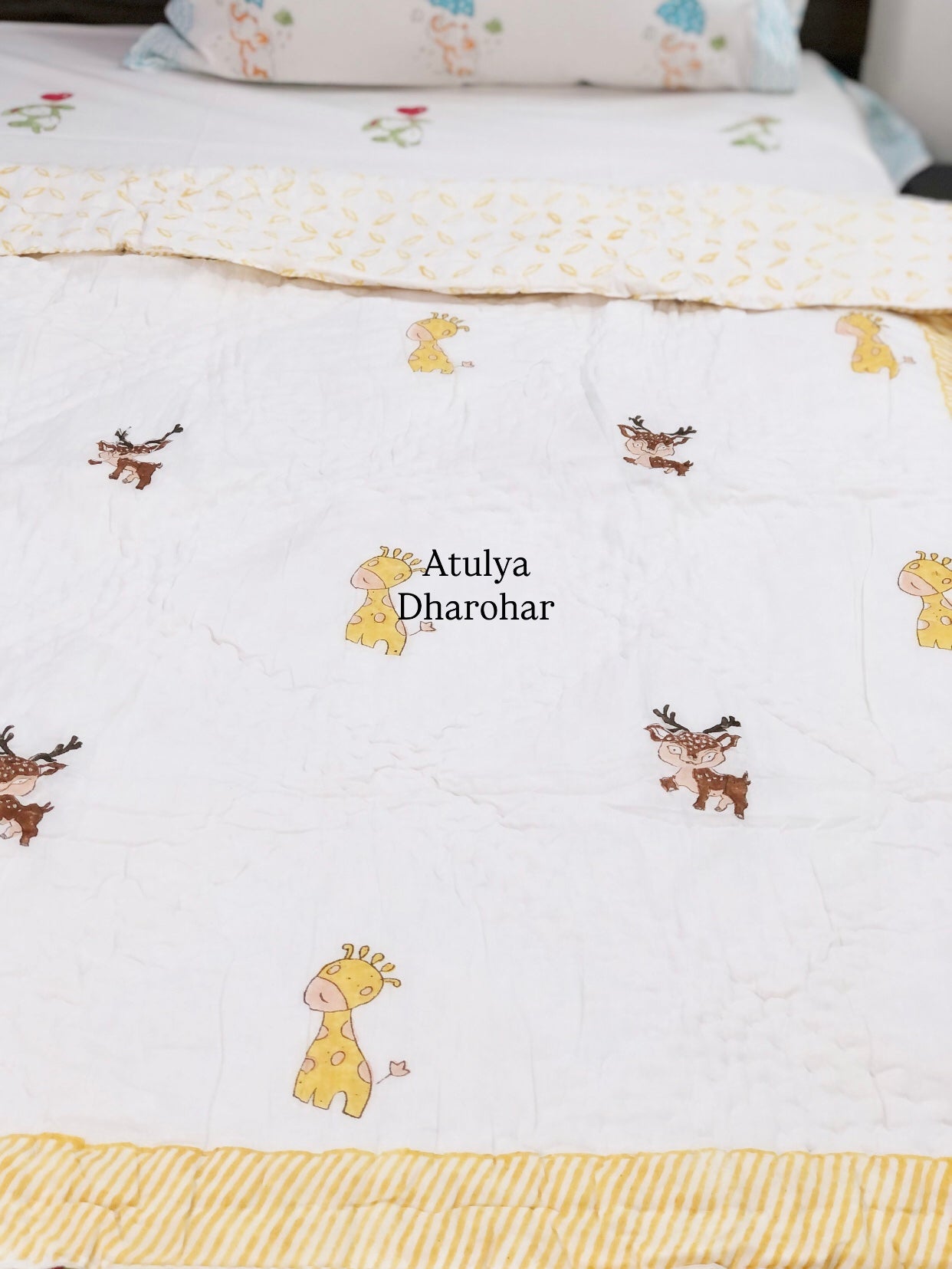 Giraffe and Deer Baby Hand Block Printed Quilt