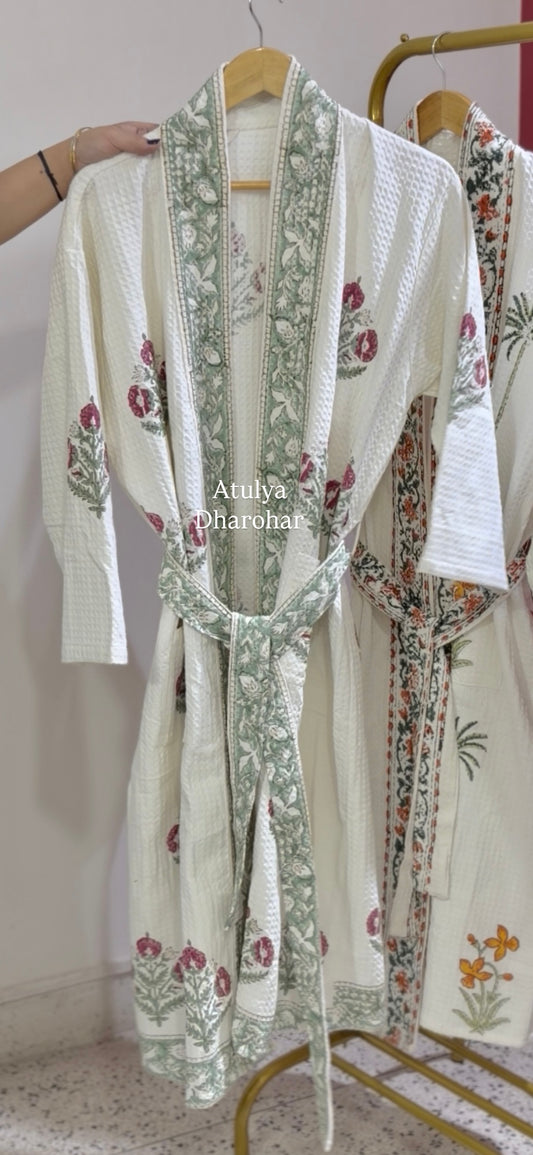 Magenta Pink and Green Floral Hand Block Printed Waffle Cotton Bathrobe