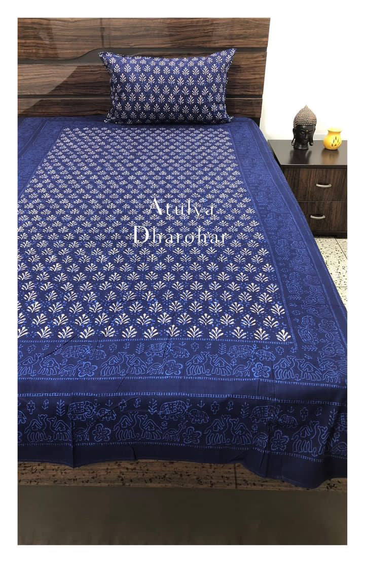 Indigo Classic Butti Hand Block Printed Bedsheet