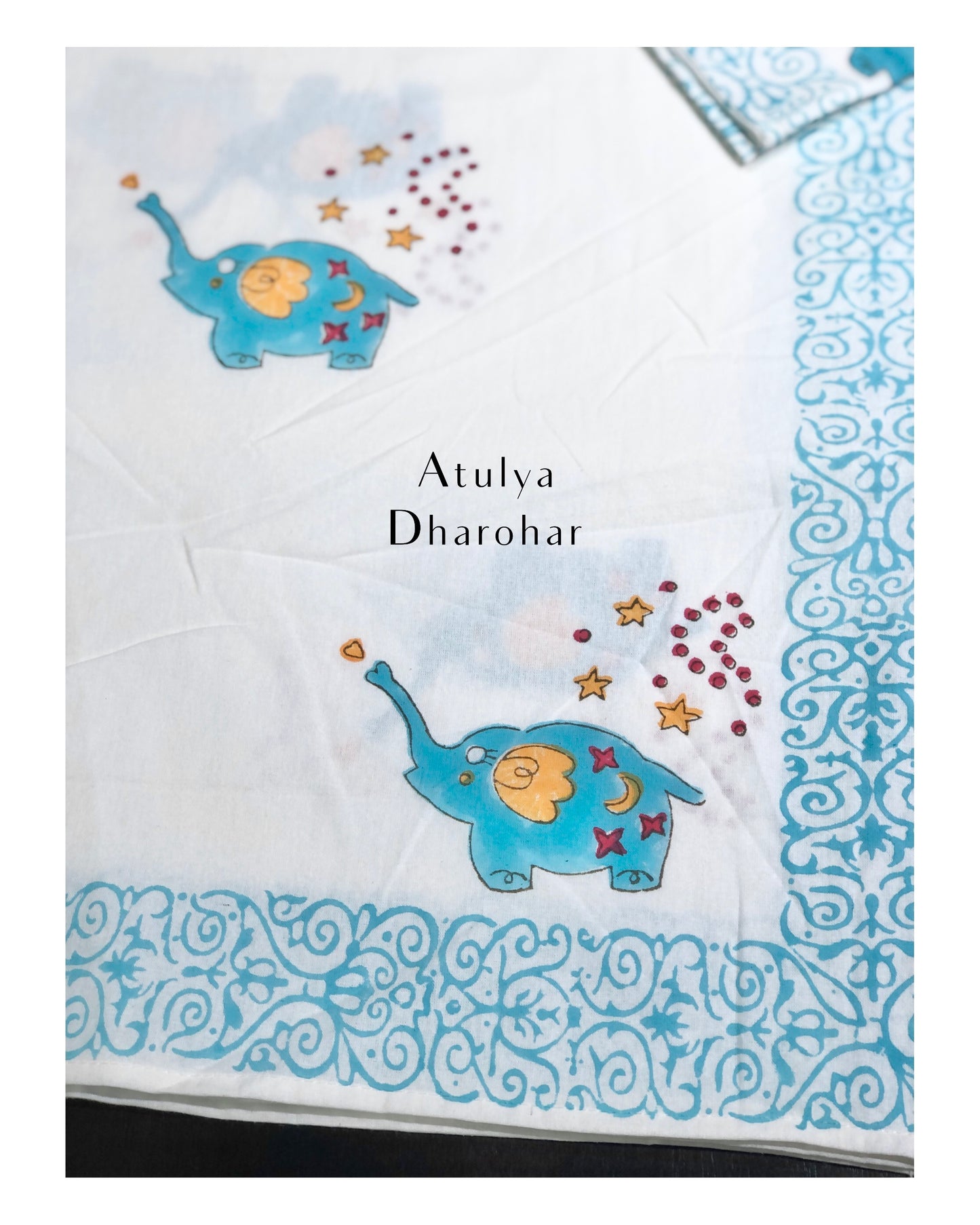 Elephant with Stars Kids Hand Block Printed Single Bedsheet