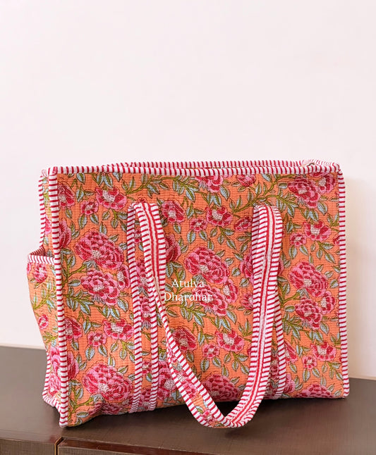 Peach and Pink Floral Medium Tote Bag with Zip