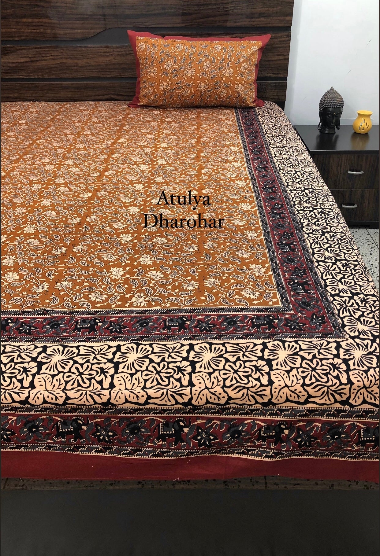 Mustard Kalamkari King Size Bedsheet