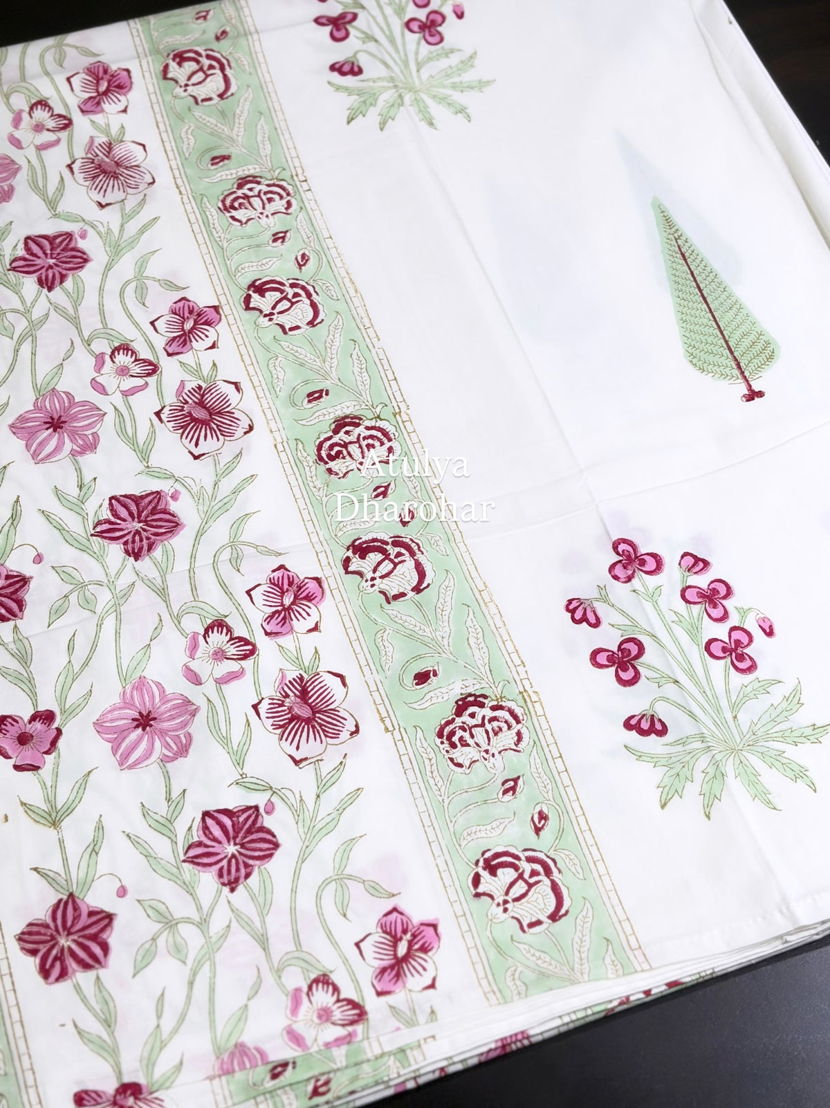 Pink and Green Floral Motifs Percale Cotton Hand Block Printed Super King Bedsheet