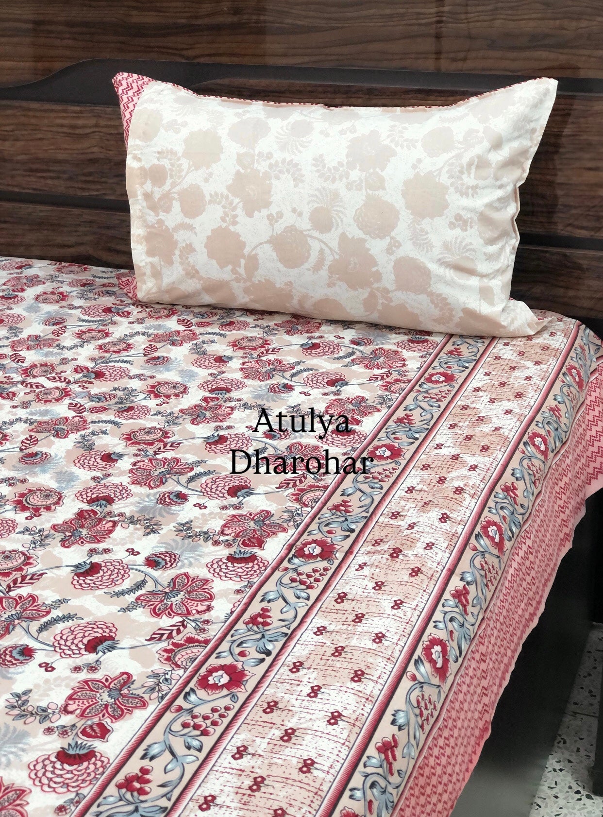 Red and Grey Floral Jaal Cotton King Size Bedsheet
