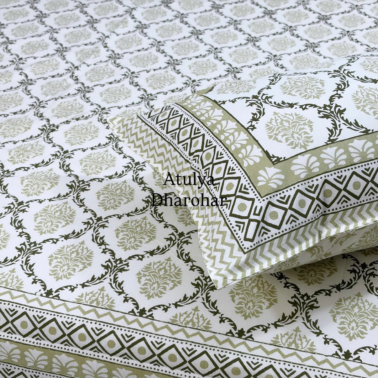 Green Floral Mughal Jaal Cotton Super King Bedsheet