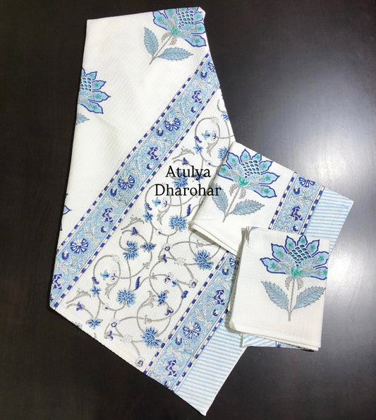 Blue Floral Hand Block Waffle Cotton Towel Set