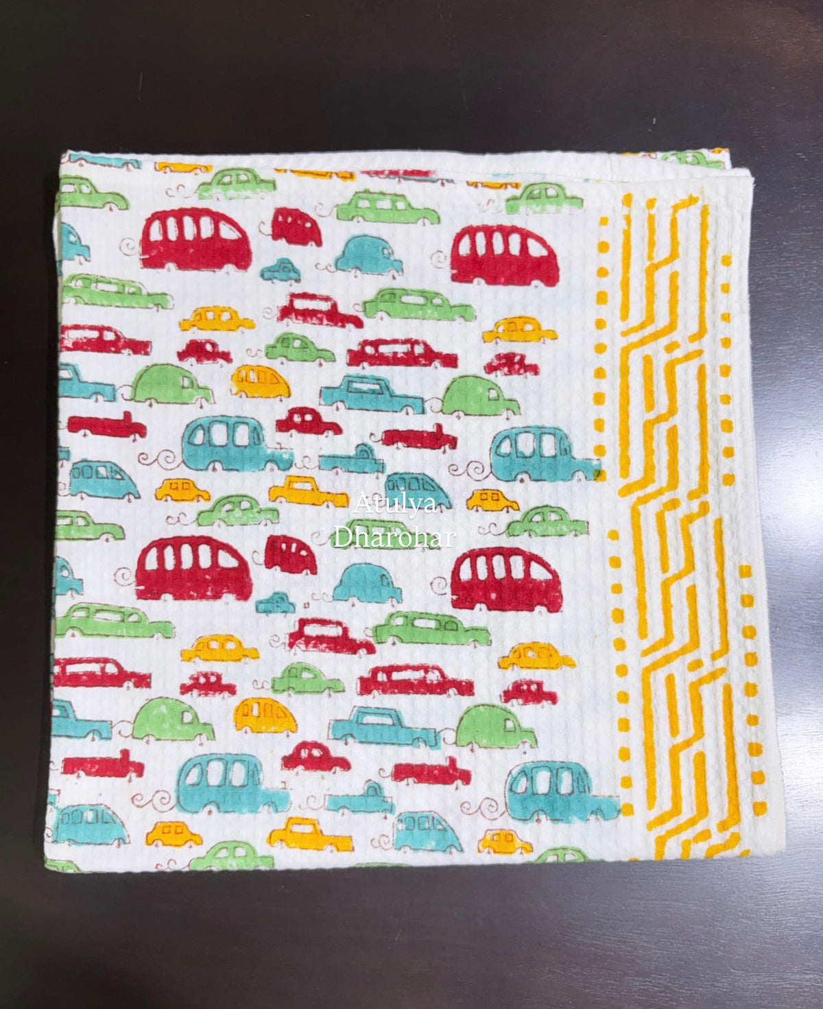 Multicolour Car Hand Block Printed Waffle Cotton Kids Towel