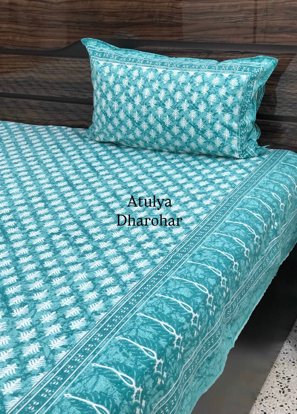 Turquoise Floral Motifs Cotton Super King Bedsheet