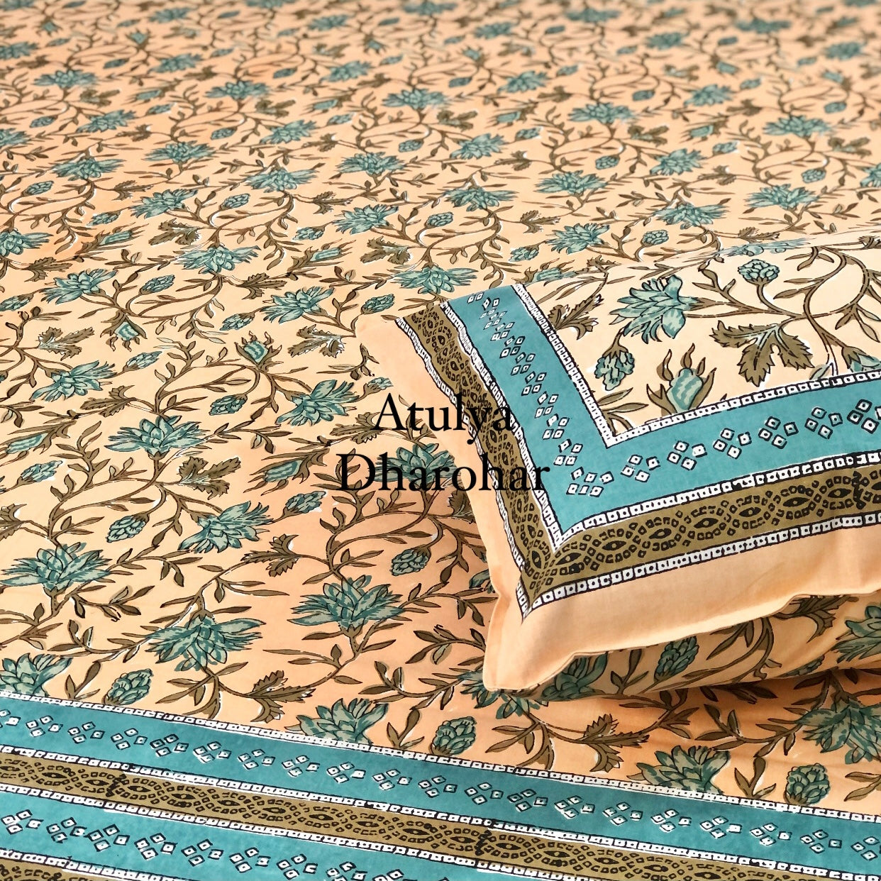 Turquoise Floral Jaal Bedsheet