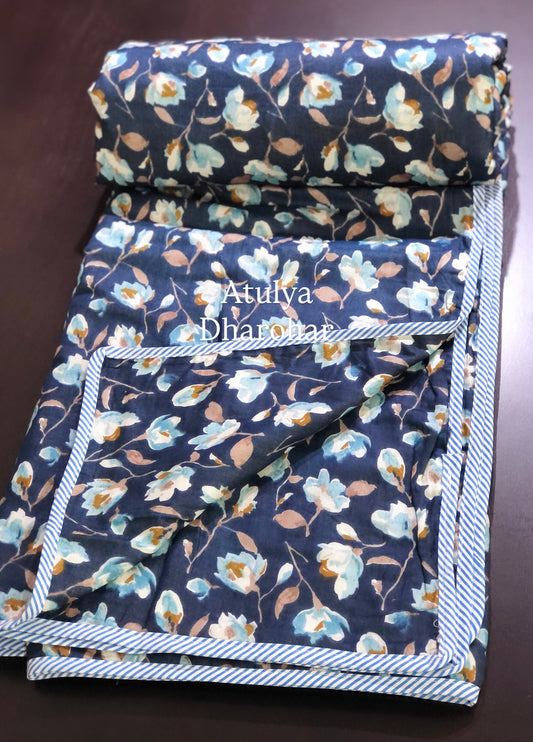Blue Floral Mulmul Double Bed Dohar