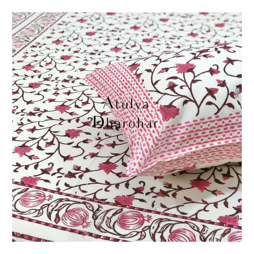 Pink Floral Jaal Single Hand Block Bedsheet