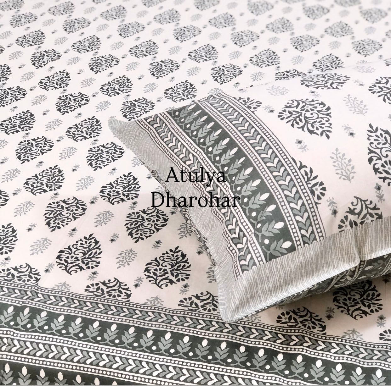 Grey Mughal Motifs Cotton King Size Bedsheet