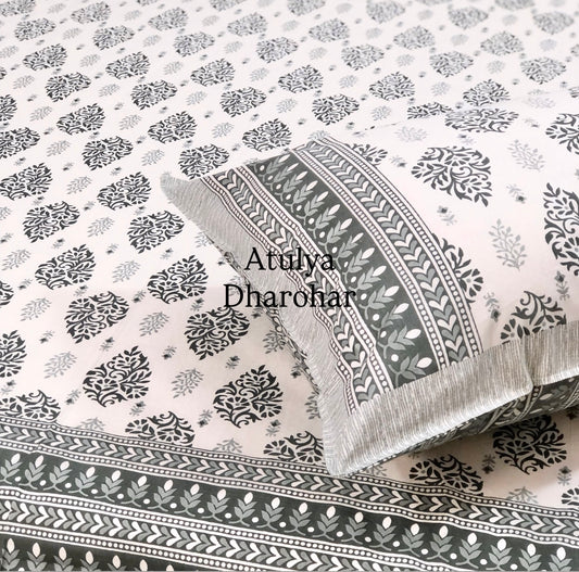 Grey Mughal Motifs Cotton King Size Bedsheet