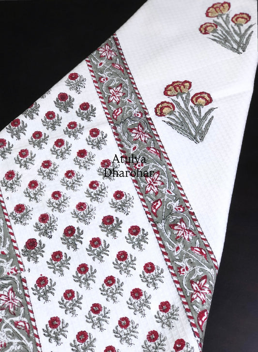 Red and Grey Floral Motifs Hand Block Printed Waffle Cotton Towel