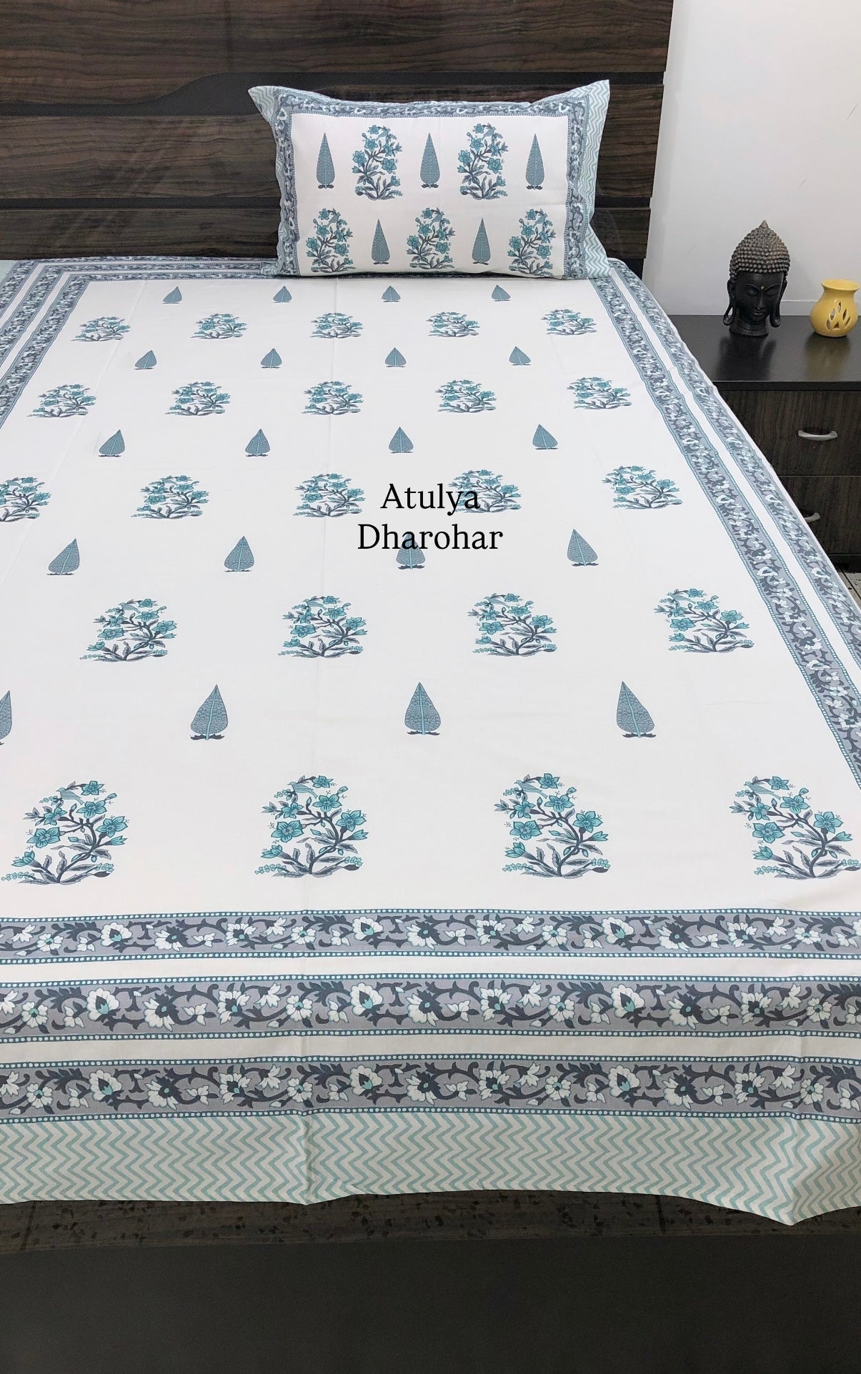 Teal and Grey Floral Motifs Cotton Single Bed Bedsheet