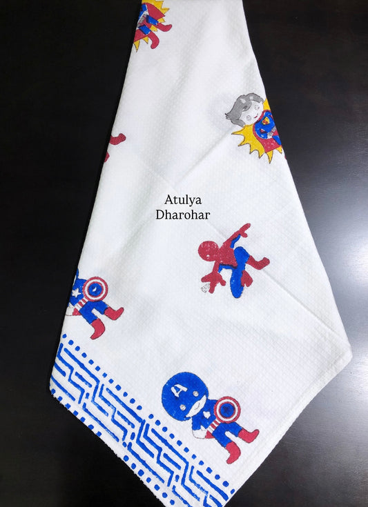 Spiderman, Superman and Captain America Superhero Hand Block Printed Waffle Cotton Kids Towel