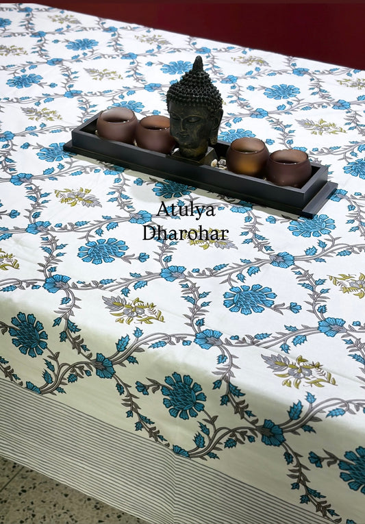 Turquoise Blue and Green Mughal Jaal Cotton Dining Table Cover