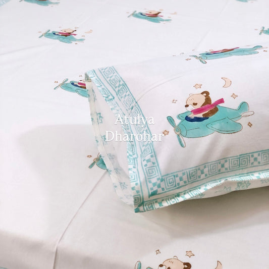 Flying Bunny Kids Hand Block Printed Single Bedsheet