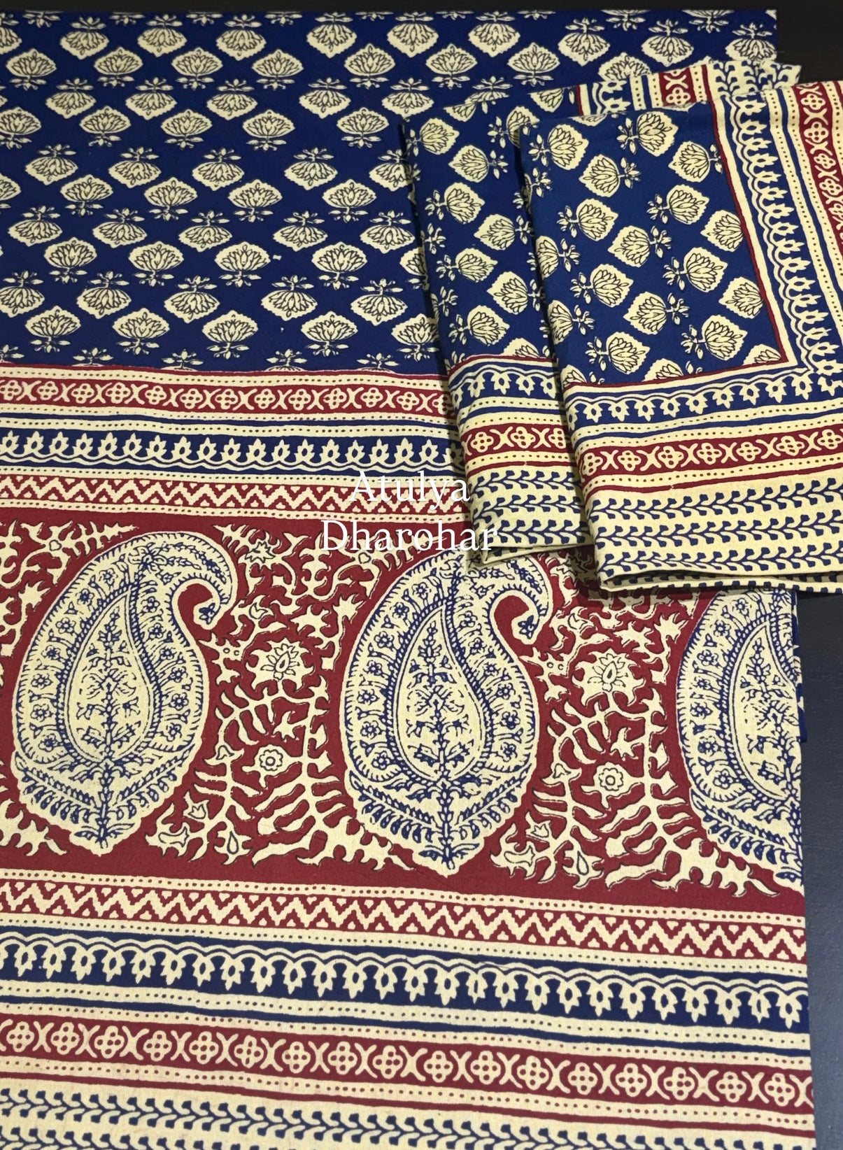 Indigo Paisley Kalamkari Cotton King Size Bedsheet