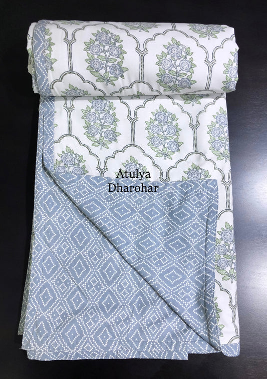 Blue Mughal Jaal Cambric Cotton Double Bed Dohar