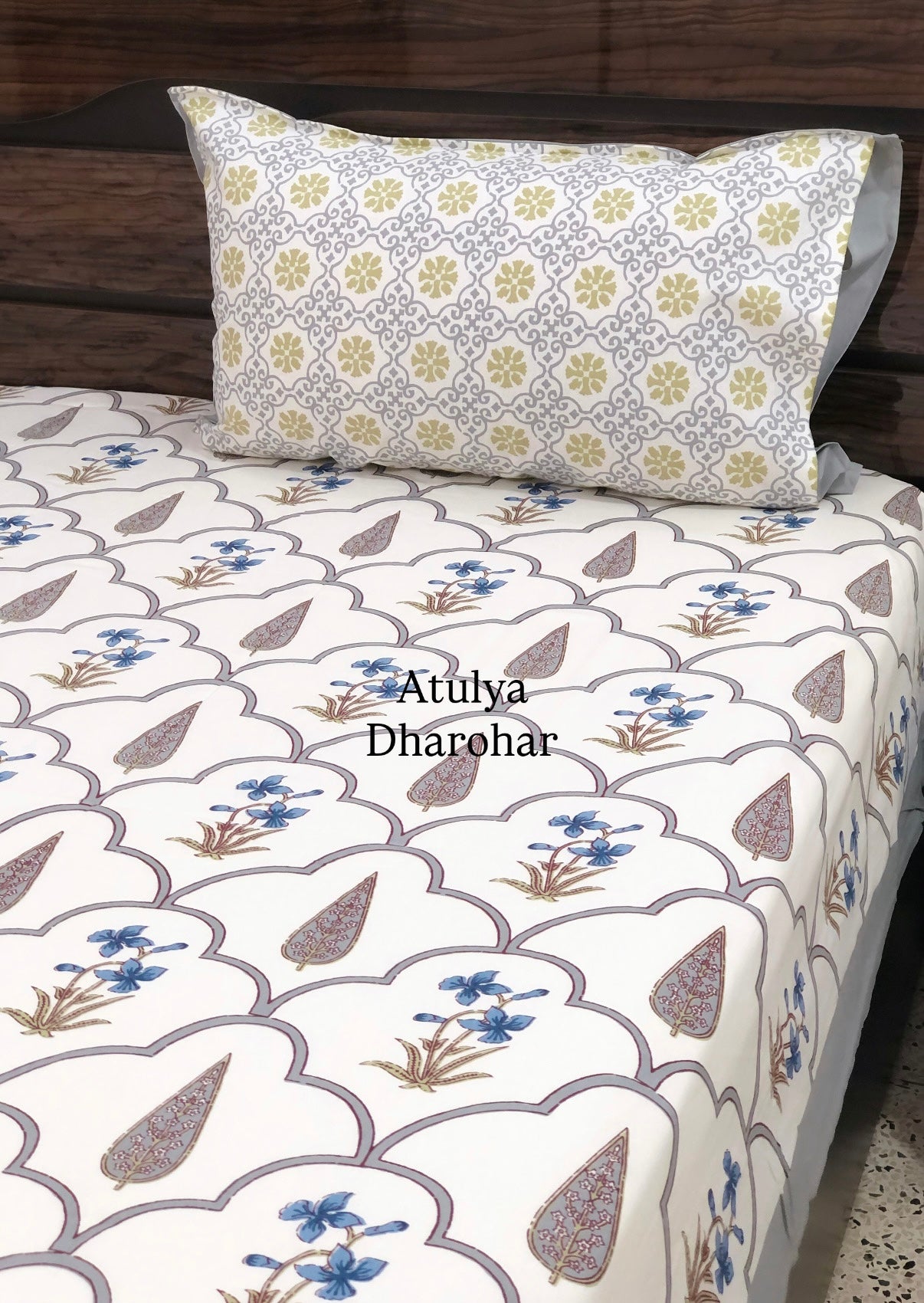 Blue and Grey Floral Mughal Jaal Cotton Super King Bedsheet