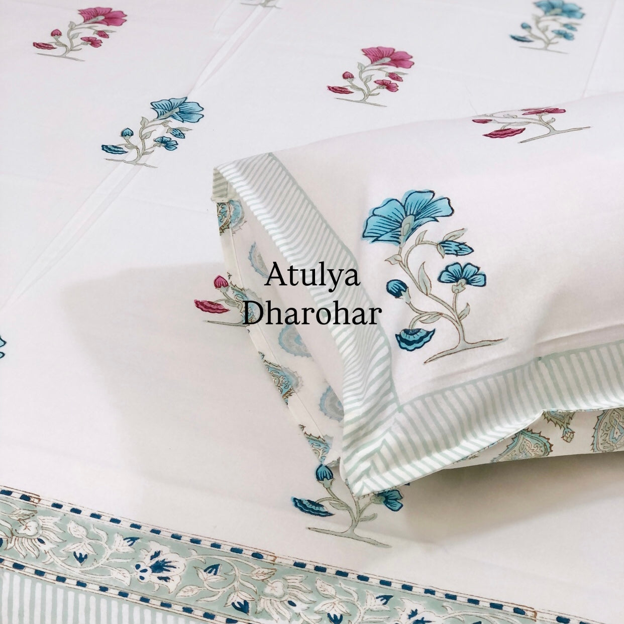 Blue and Pink Floral Motifs Cotton Hand Block Super King Bedsheet