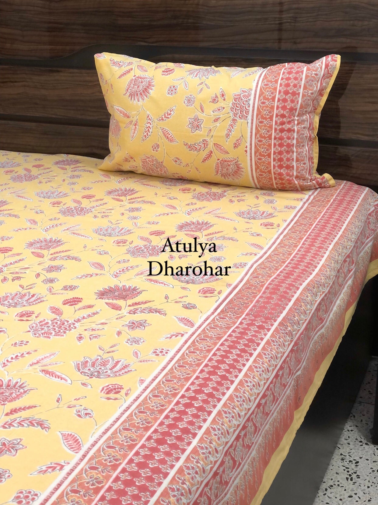 Yellow and Pink Floral Jaal Super King Bedsheet