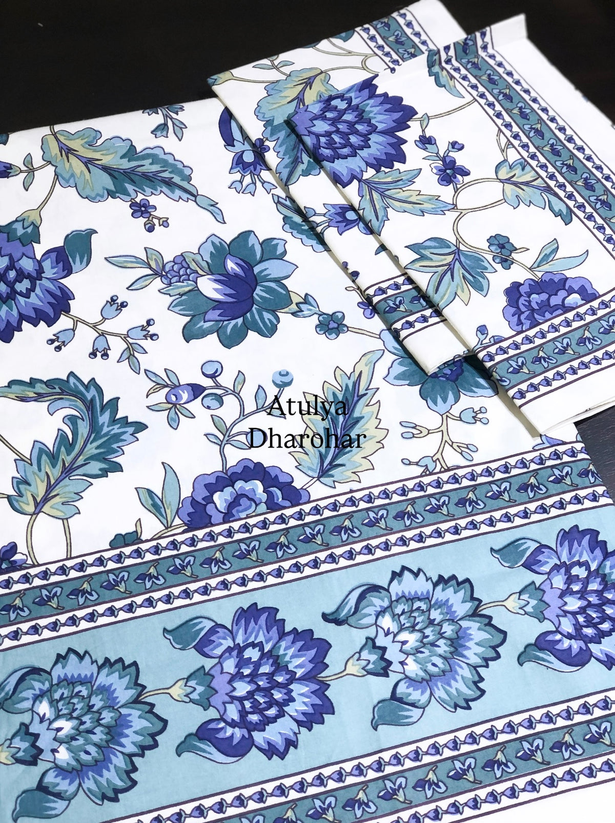 Blue Floral Jaal Cotton Super King Bedsheet
