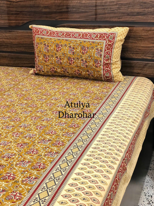 Mustard Green Kalamkari Cotton King Size Bedsheet