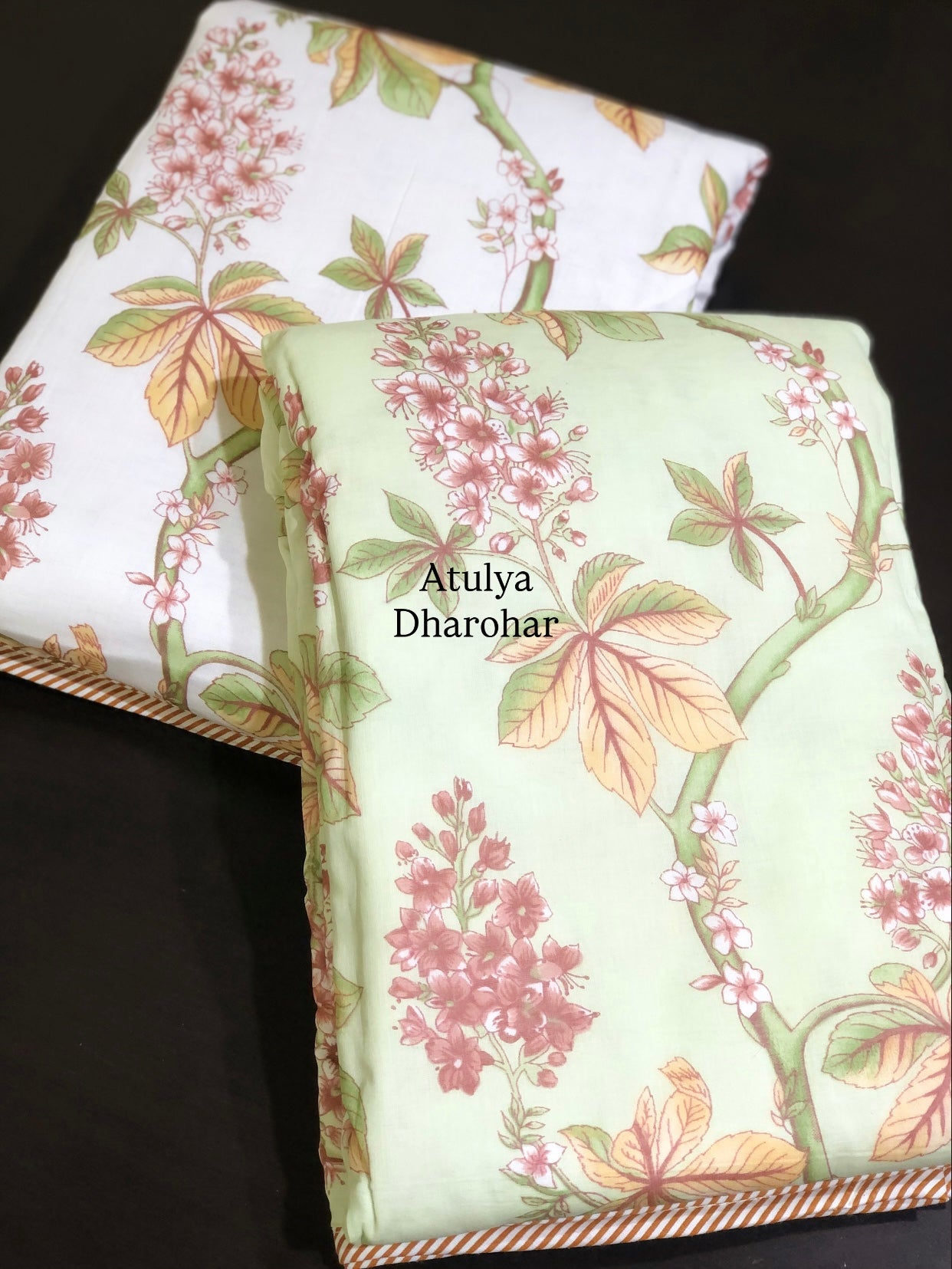 Green and Rust Floral Jaal Mulmul Single Bed Dohar Pair
