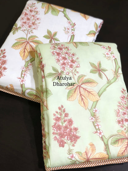 Green and Rust Floral Jaal Mulmul Single Bed Dohar Pair