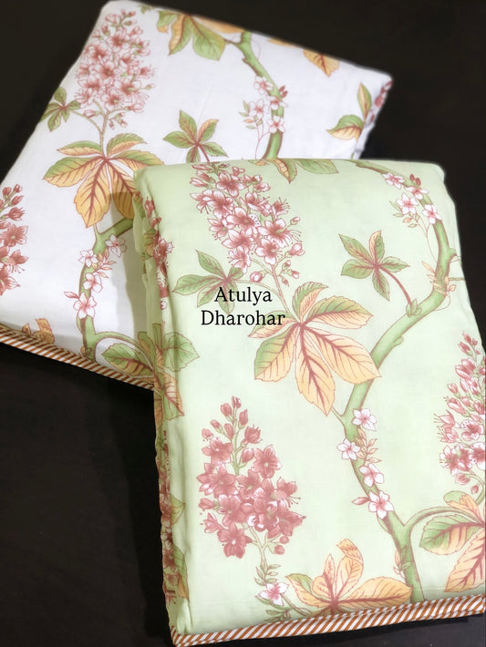 Green and Rust Floral Jaal Mulmul Single Bed Dohar Pair