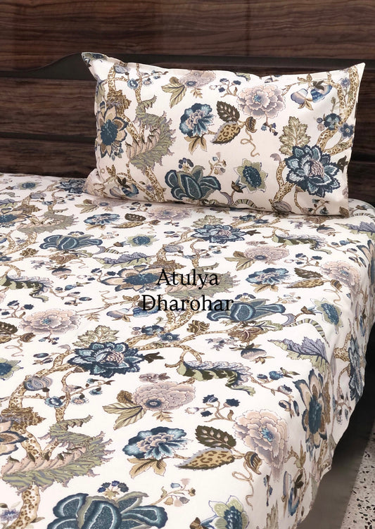 Navy Blue Floral Jaal Cotton Super King Bedsheet