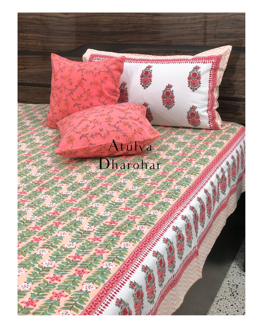 Pink and Green Floral Jaal Bedsheet