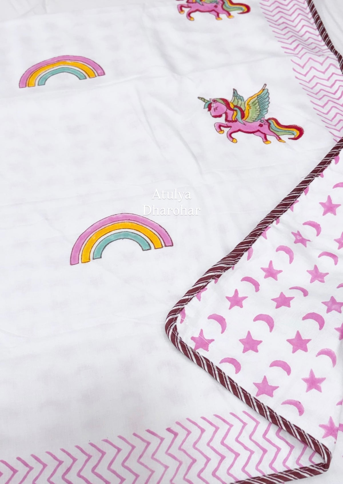 Unicorn and Rainbow Hand Block Printed Mulmul Baby Dohar
