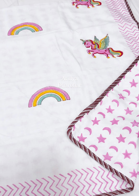Unicorn and Rainbow Hand Block Printed Mulmul Baby Dohar