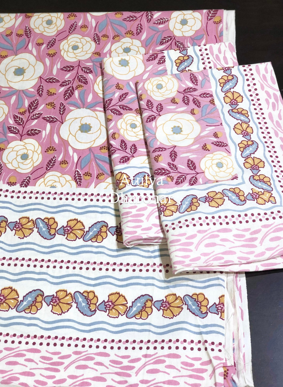 Pink and Yellow Floral Jaal Cotton King Size Bedsheet