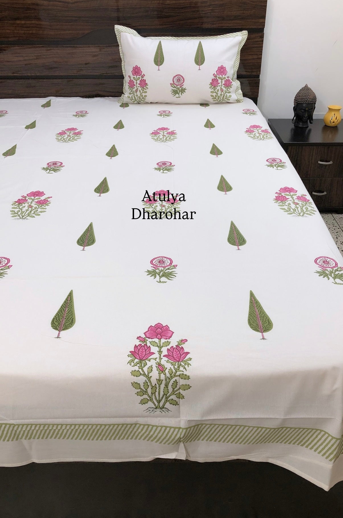 Pink and Green Floral Motifs Cotton Super King Bedsheet