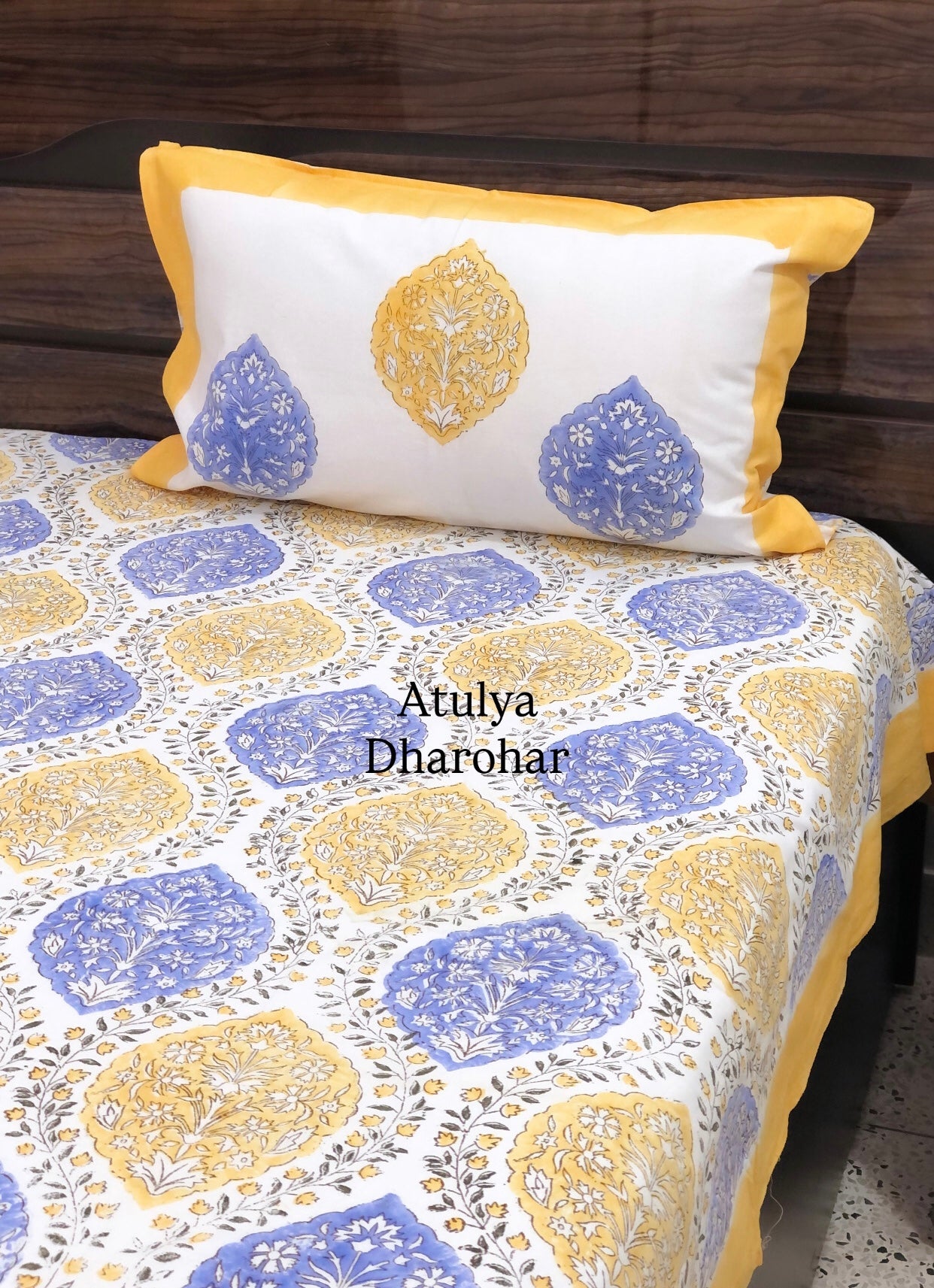 Yellow and Blue Mughal Jaal Cotton Hand Block Super King Bedsheet