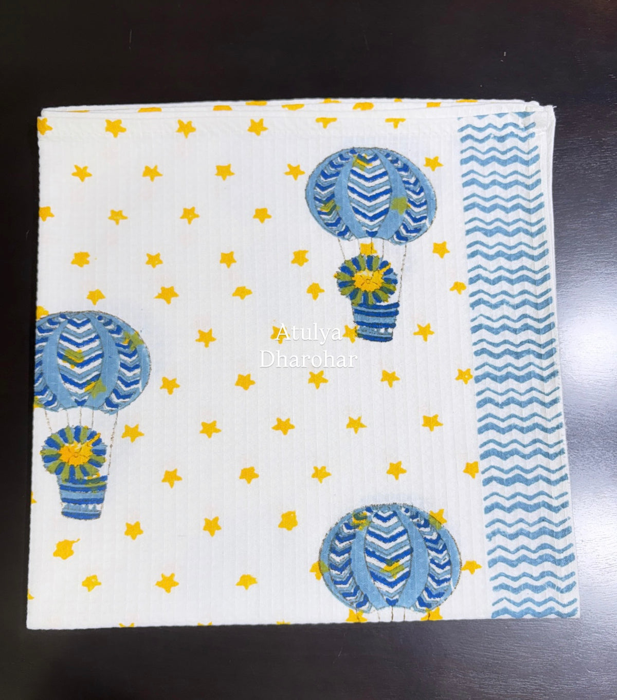 Hot Air Balloon with Stars Hand Block Printed Waffle Cotton Kids Towel