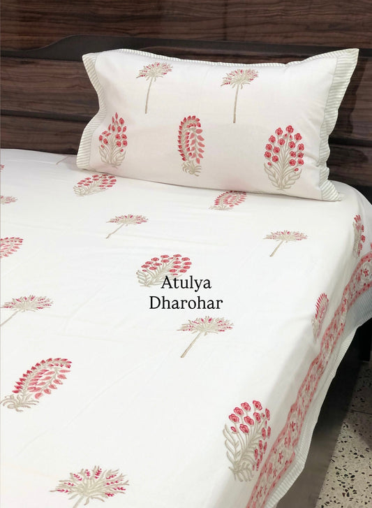 Peach Floral Motifs Hand Block Printed Super King Bedsheet