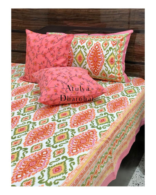 Pink and Green Ikat Bedsheet