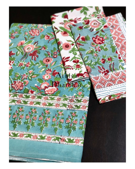 Turquoise Floral Motifs Hand Block Bedsheet