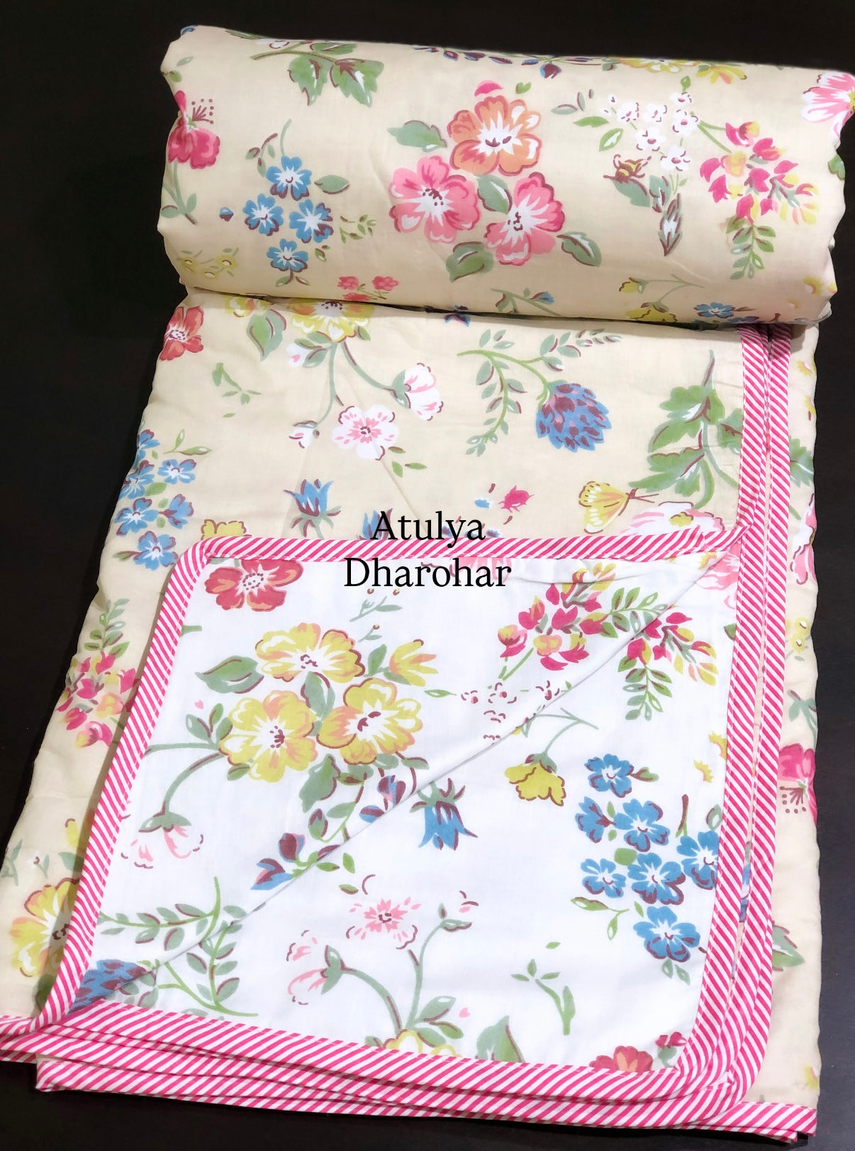 Multicolour Floral Mulmul Double Bed Dohar
