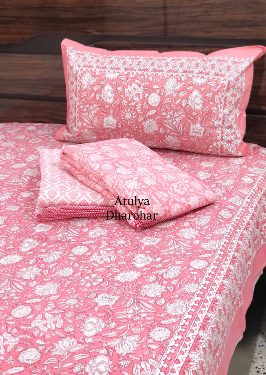 Pink Floral Mulmul Single Dohar Pair with Super King Bedsheet Set