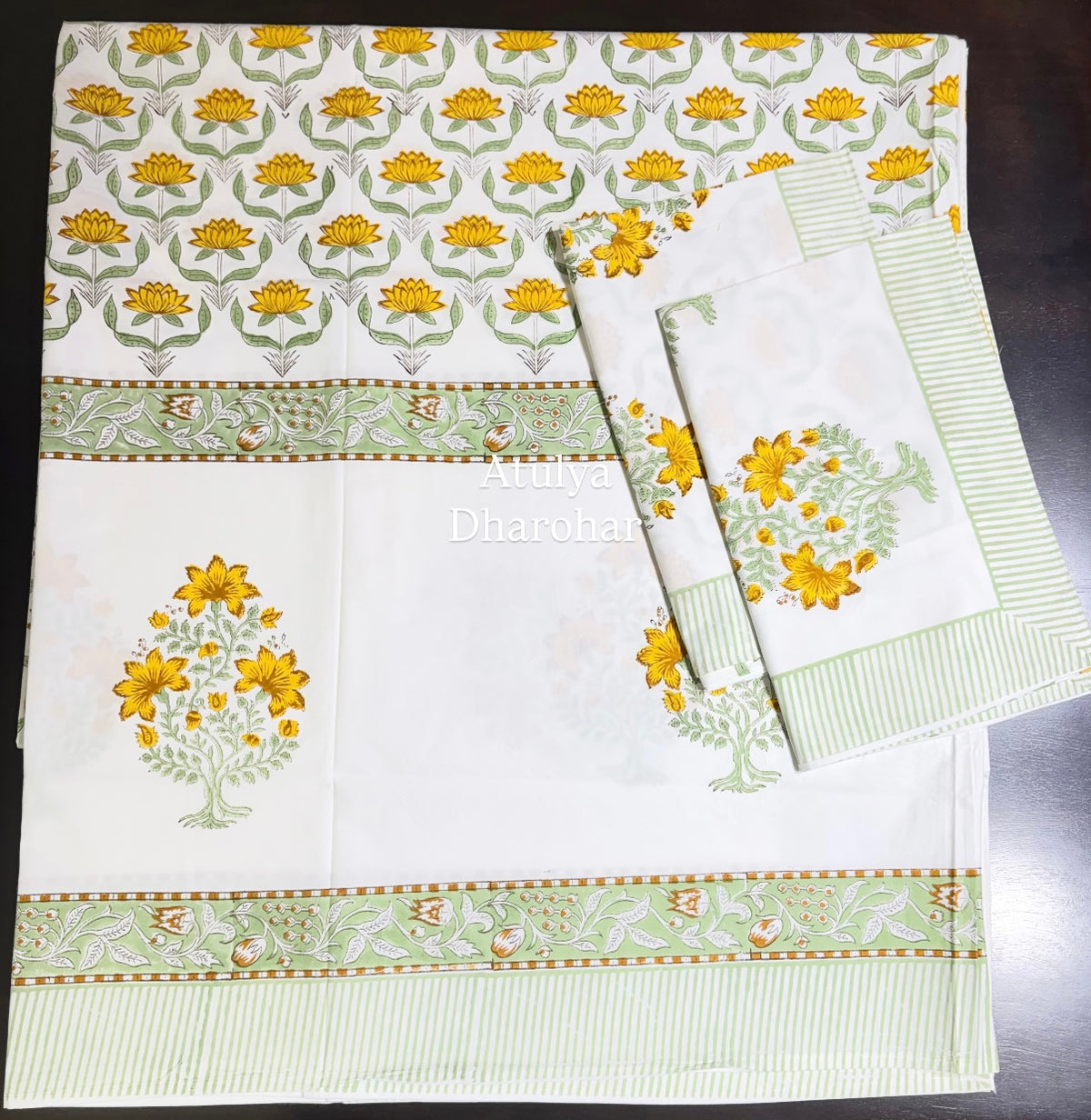 Yellow Floral Mughal Jaal Percale Cotton Hand Block Printed Super King Bedsheet