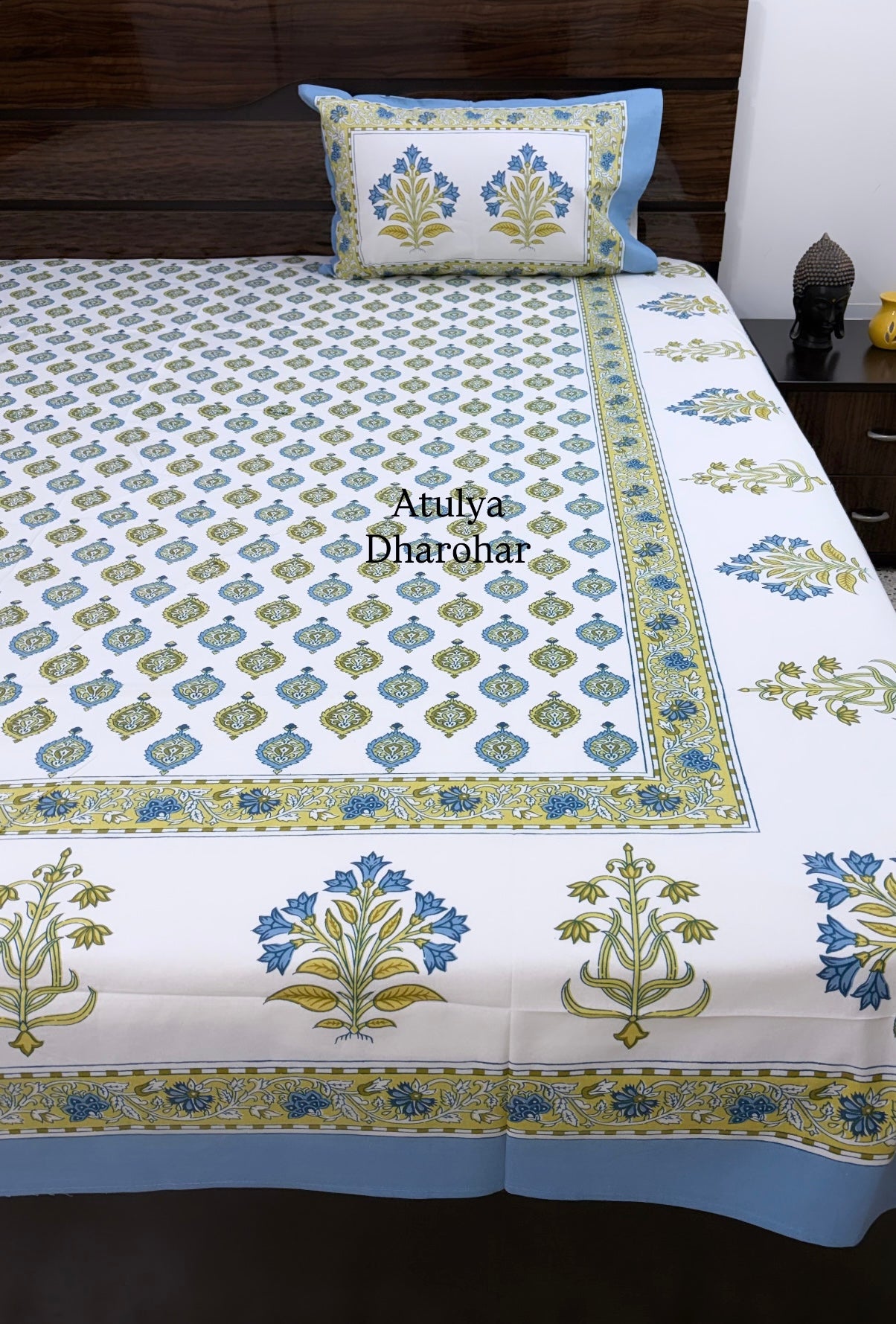 Blue and Green Floral Motifs Cotton Super King Bedsheet