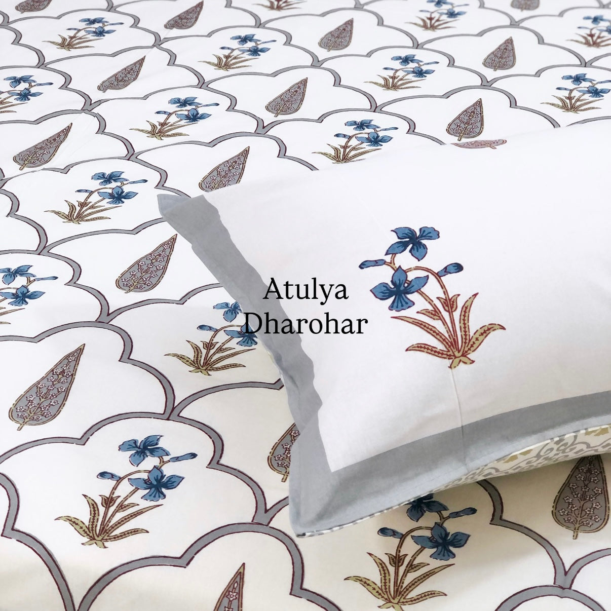 Blue and Grey Floral Mughal Jaal Cotton Super King Bedsheet
