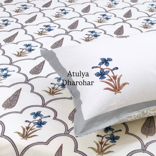 Blue and Grey Floral Mughal Jaal Cotton Super King Bedsheet